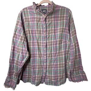 3X Lands End Flannel Shirt Pink Purple Ruffle Plus Size Grunge Comfy Plaid Girly